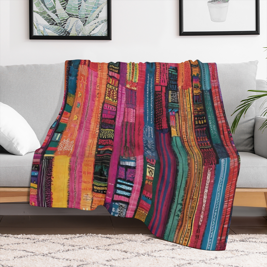 Soft Cozy Guatemalan Mayan-Inspired Flannel Throw Blanket - Vibrant Striped Design Perfect for Bed Sofa Office or Camping