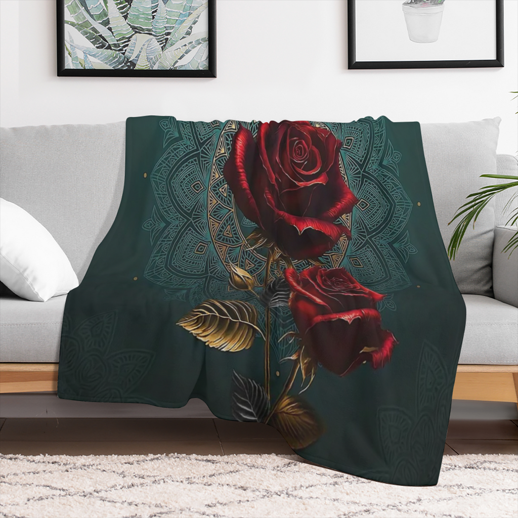 1pc Luxury Gothic Rose Print Blanket, Flannel Blanket, Soft Warm Throw Blanket Nap Blanket For Couch Sofa Office Bed Camping Travel, Multi- purpose Gift Blanket For All Season