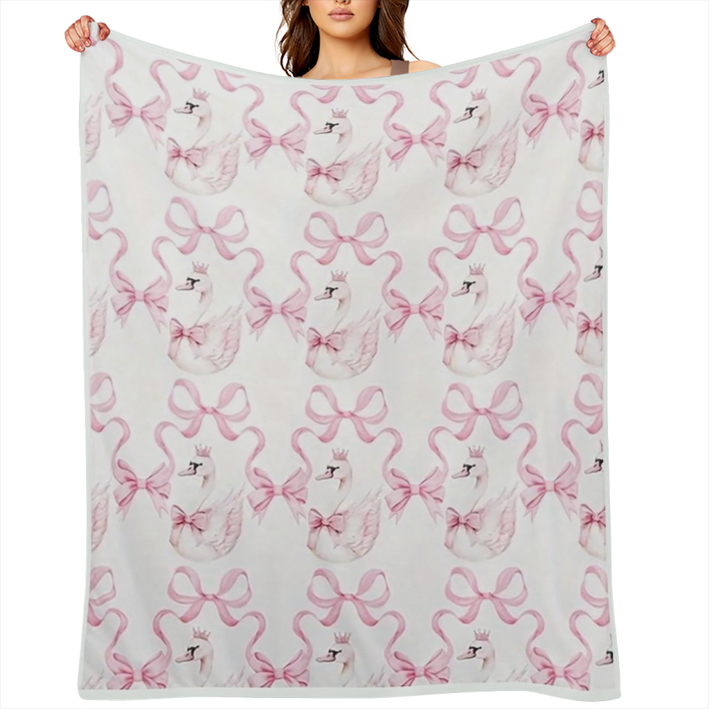 Elegant White Swan Pink Bow Design Flannel Blanket - Soft Polyester Contemporary Room Decor for Bed Sofa All-Season Use 250-300 g Bedroom Decor Elegant Room Accent Smooth Texture