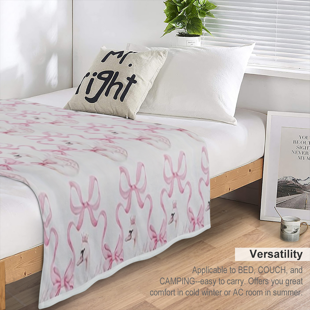 Elegant White Swan Pink Bow Design Flannel Blanket - Soft Polyester Contemporary Room Decor for Bed Sofa All-Season Use 250-300 g Bedroom Decor Elegant Room Accent Smooth Texture