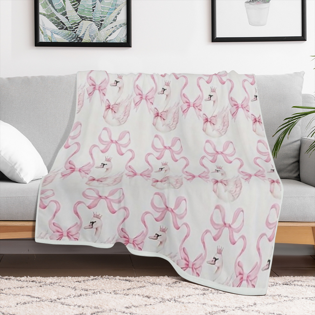 Elegant White Swan Pink Bow Design Flannel Blanket - Soft Polyester Contemporary Room Decor for Bed Sofa All-Season Use 250-300 g Bedroom Decor Elegant Room Accent Smooth Texture