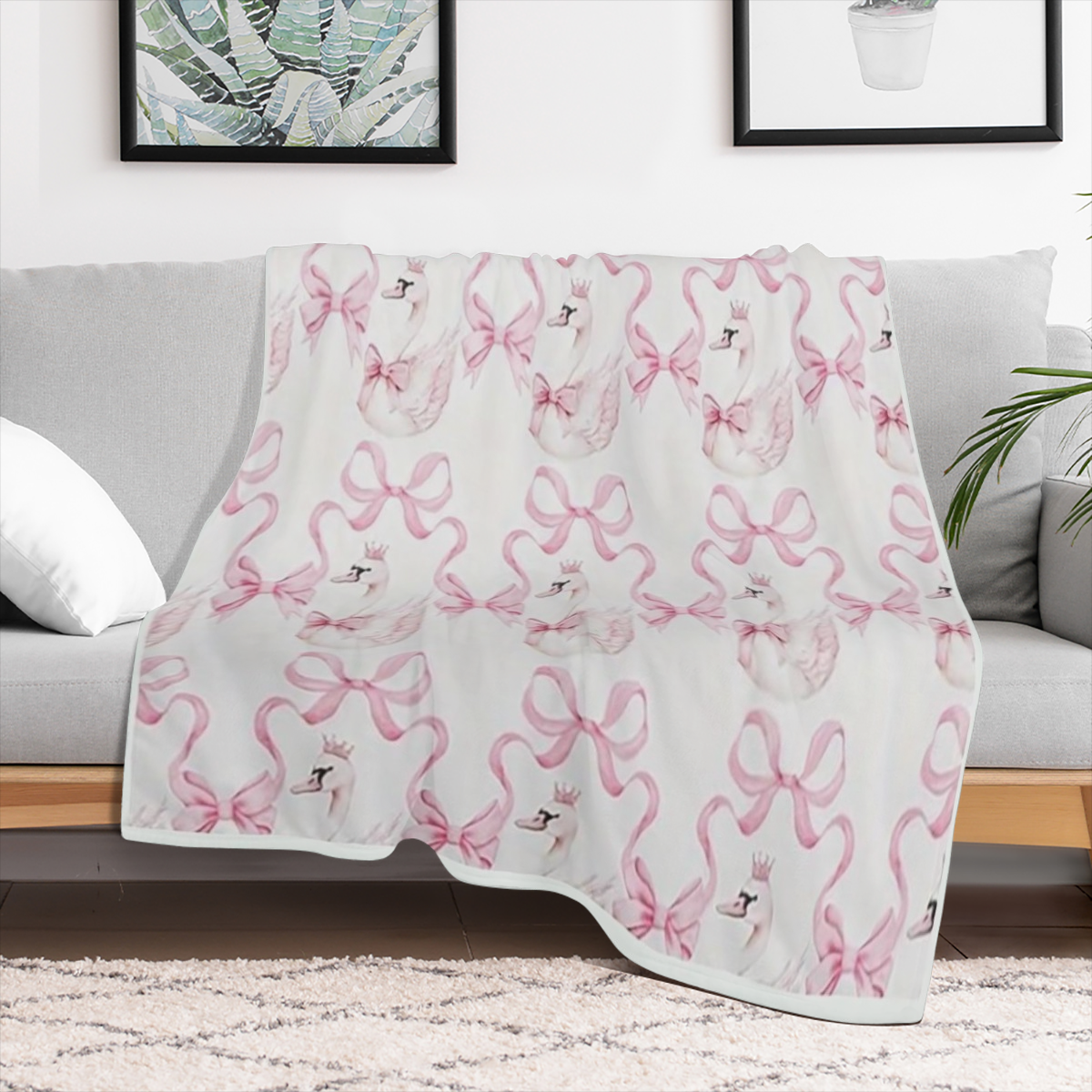 Elegant White Swan Pink Bow Design Flannel Blanket - Soft Polyester Contemporary Room Decor for Bed Sofa All-Season Use 250-300 g Bedroom Decor Elegant Room Accent Smooth Texture
