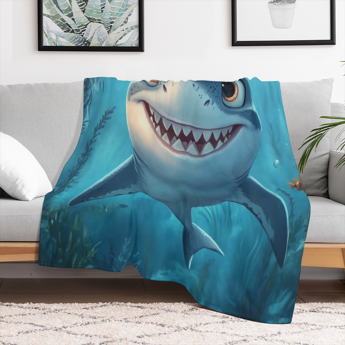 1pc Cartoon Shark Flannel Blanket, Soft Polyester Fiber, 280- 300gsm, Multi- Use for Home Decor & Outdoor Activities, Ideal Gift for Valentine' s, Christmas, Thanksgiving, New Year, Shark Decor