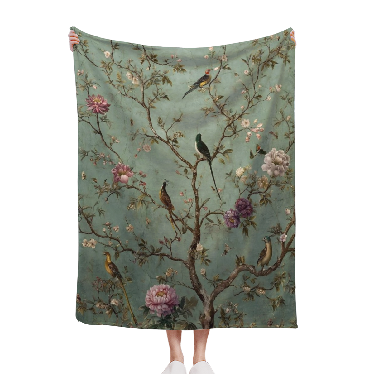 1 Super Soft Comfortable Warm Multi-Size Flannel Blanket | Old Chinoiserie Wallpaper with Birds and Flowers, Suitable for Beds, Sofas, and Offices, Portable, Machine Washable, All-Season Comfort - Per