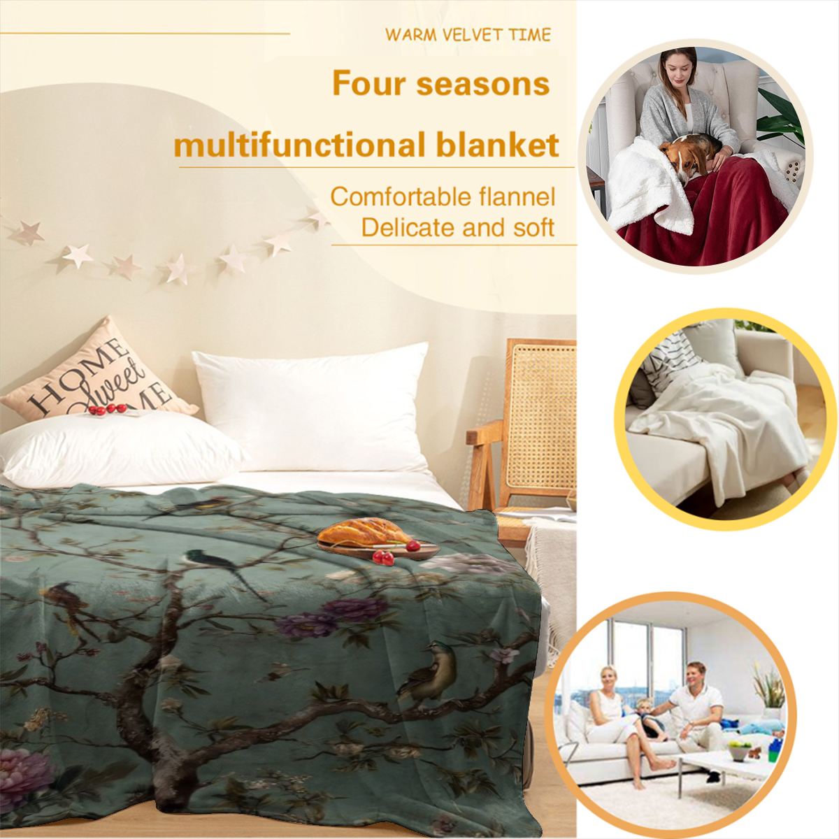 1 Super Soft Comfortable Warm Multi-Size Flannel Blanket | Old Chinoiserie Wallpaper with Birds and Flowers, Suitable for Beds, Sofas, and Offices, Portable, Machine Washable, All-Season Comfort - Per