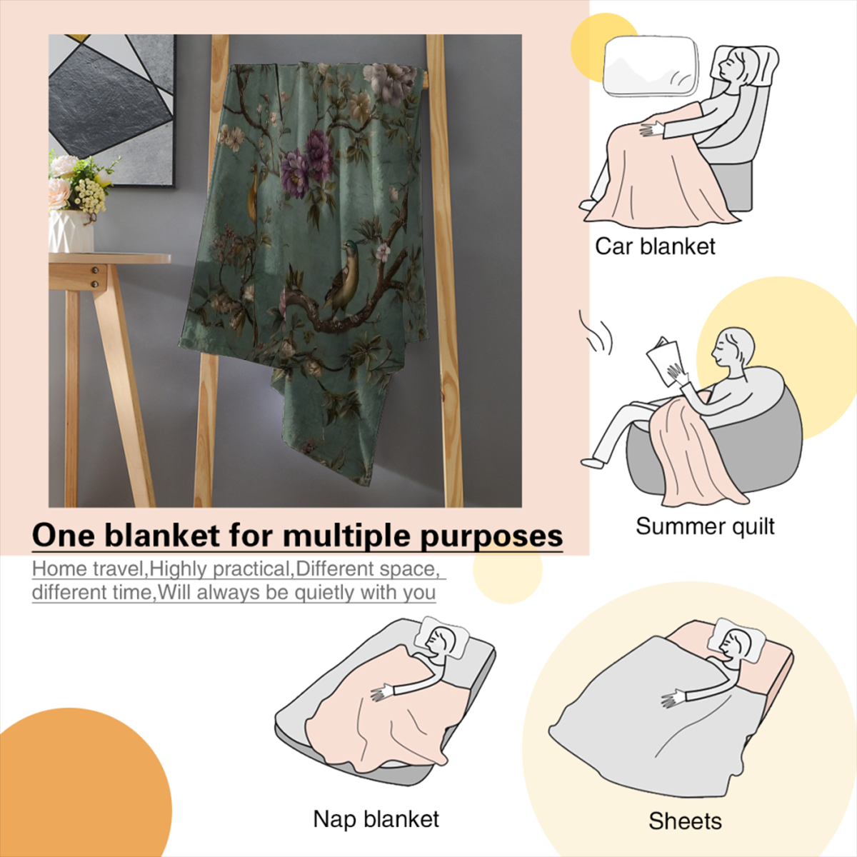 1 Super Soft Comfortable Warm Multi-Size Flannel Blanket | Old Chinoiserie Wallpaper with Birds and Flowers, Suitable for Beds, Sofas, and Offices, Portable, Machine Washable, All-Season Comfort - Per