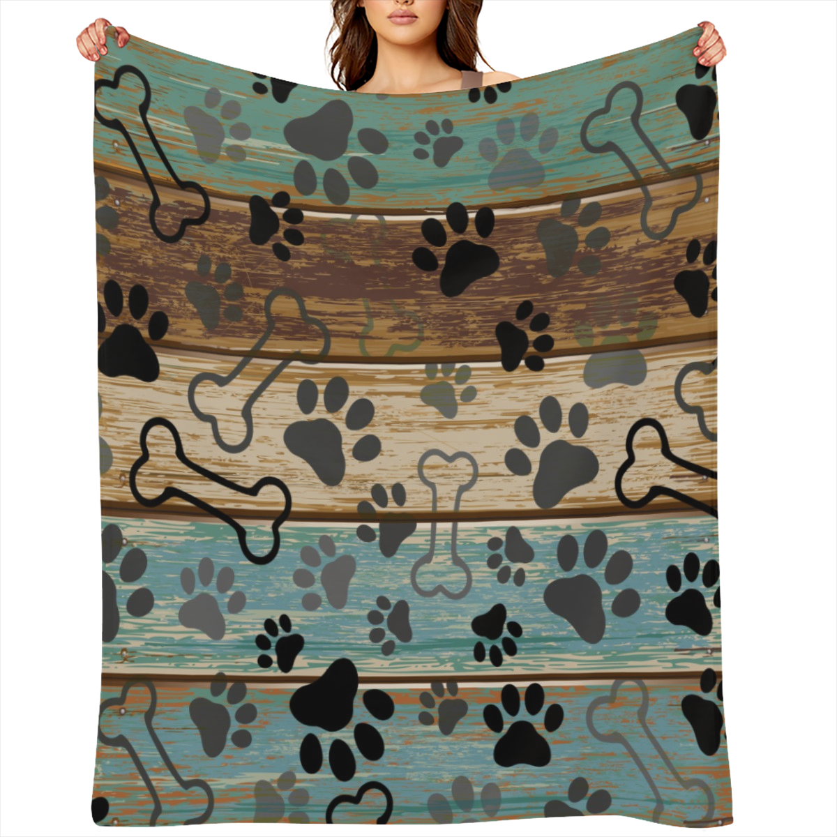 Cozy Dog Blanket Soft, Warm Cozy Rustic Dog Paw Print & Turquoise Wooden Design Throw Blanket - Flannel with Striped Accents for Couch, Sofa, Bed Versatile All- Season Gift for Pet Lovers, Dog Blanket