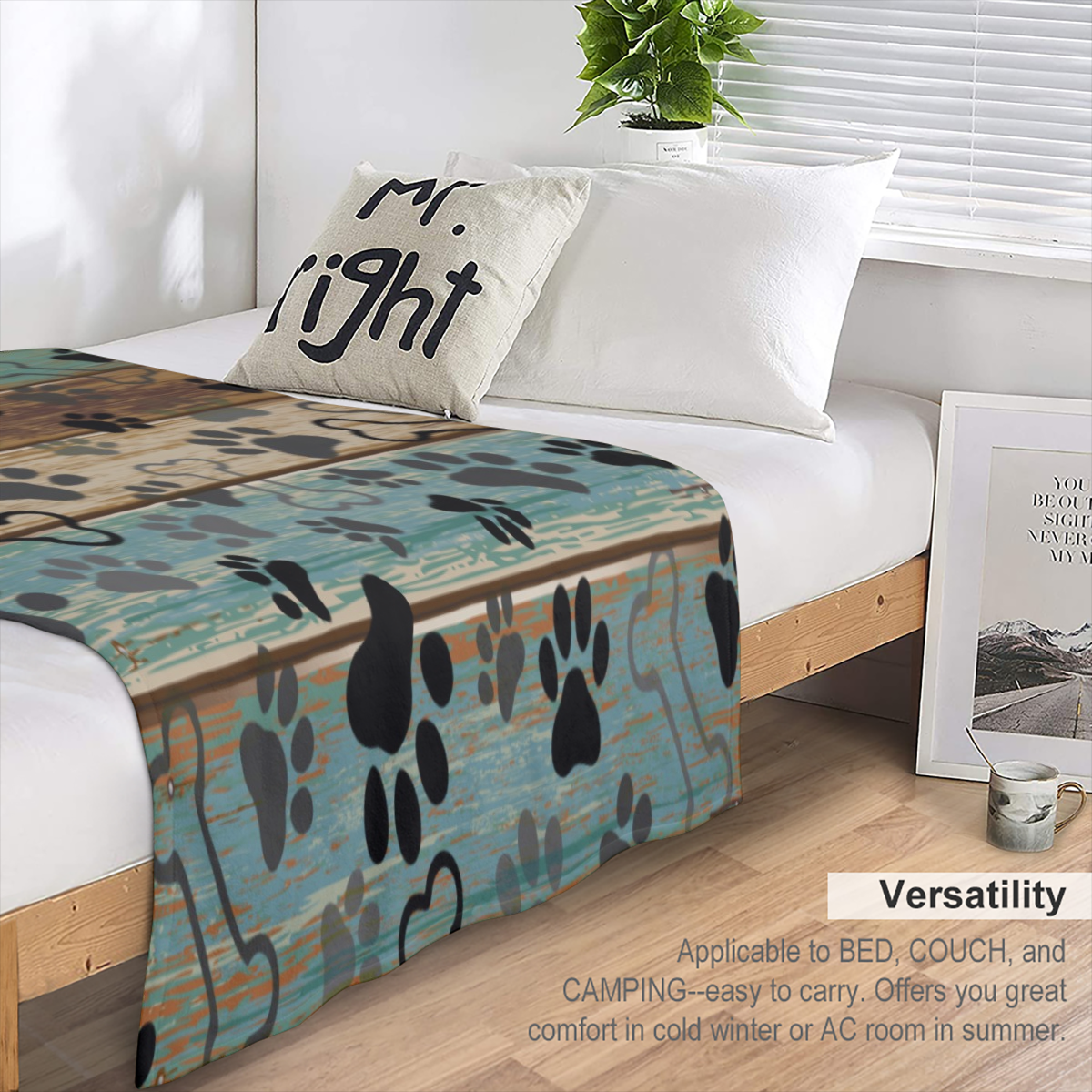 Cozy Dog Blanket Soft, Warm Cozy Rustic Dog Paw Print & Turquoise Wooden Design Throw Blanket - Flannel with Striped Accents for Couch, Sofa, Bed Versatile All- Season Gift for Pet Lovers, Dog Blanket