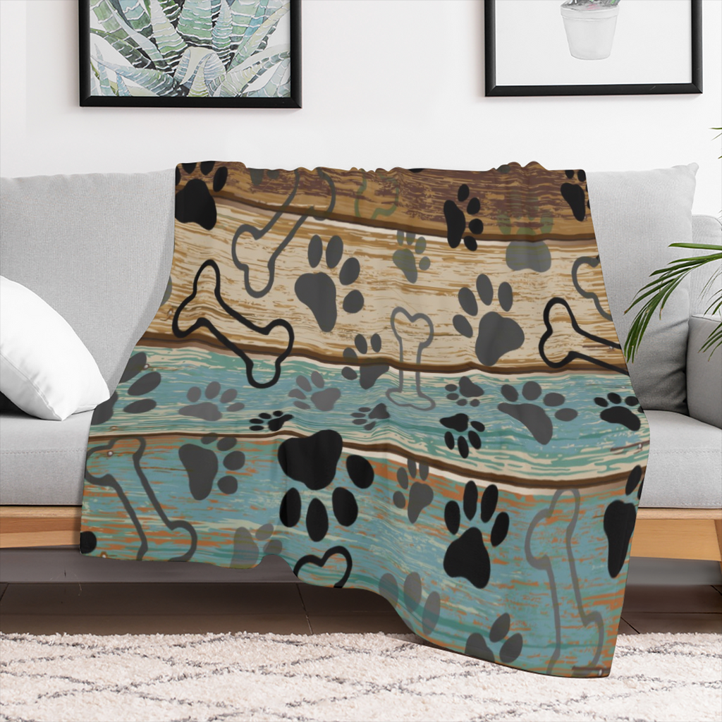 Cozy Dog Blanket Soft, Warm Cozy Rustic Dog Paw Print & Turquoise Wooden Design Throw Blanket - Flannel with Striped Accents for Couch, Sofa, Bed Versatile All- Season Gift for Pet Lovers, Dog Blanket