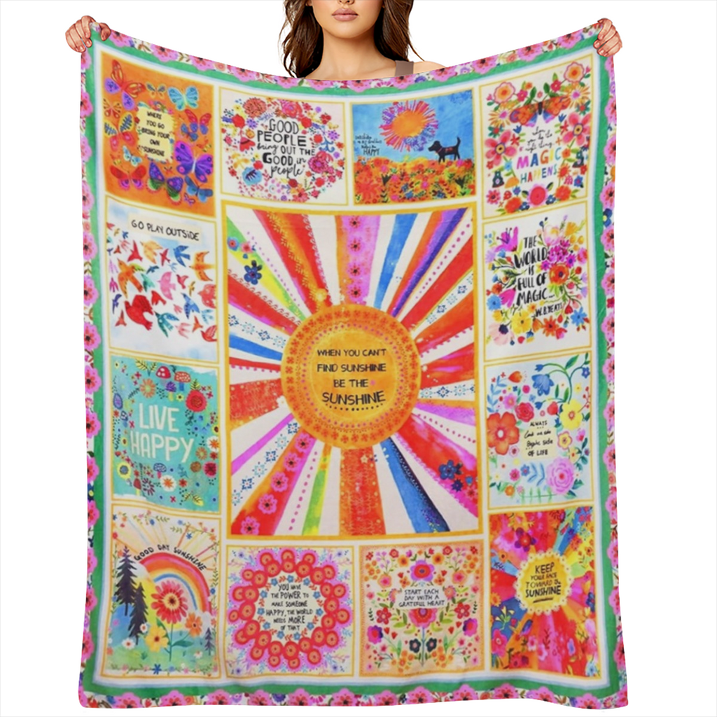 Boho Throw Blanket Colorful Patchwork Floral Blankets, Natural Bohemian Gifts Blanket for Women with Inspirational Thoughts, Soft Warm and Cozy Flannel for Sofa Bed Couch Travel 50x60, 280GSM CozyFlan