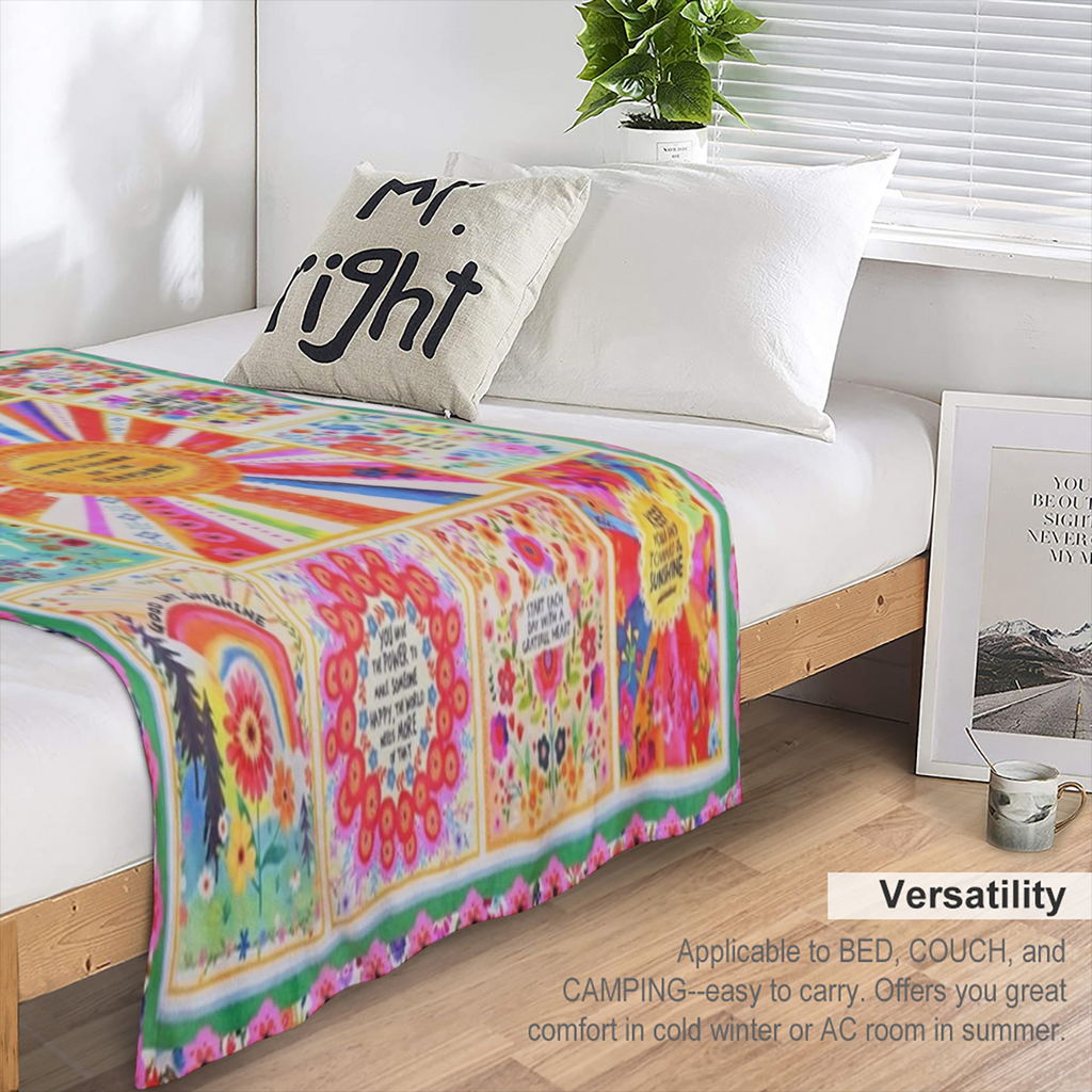 Boho Throw Blanket Colorful Patchwork Floral Blankets, Natural Bohemian Gifts Blanket for Women with Inspirational Thoughts, Soft Warm and Cozy Flannel for Sofa Bed Couch Travel 50x60, 280GSM CozyFlan