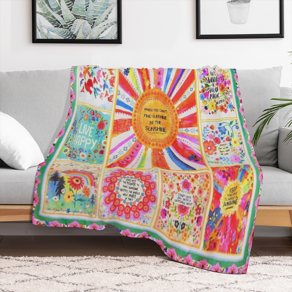 Boho Throw Blanket Colorful Patchwork Floral Blankets, Natural Bohemian Gifts Blanket for Women with Inspirational Thoughts, Soft Warm and Cozy Flannel for Sofa Bed Couch Travel 50x60, 280GSM CozyFlan