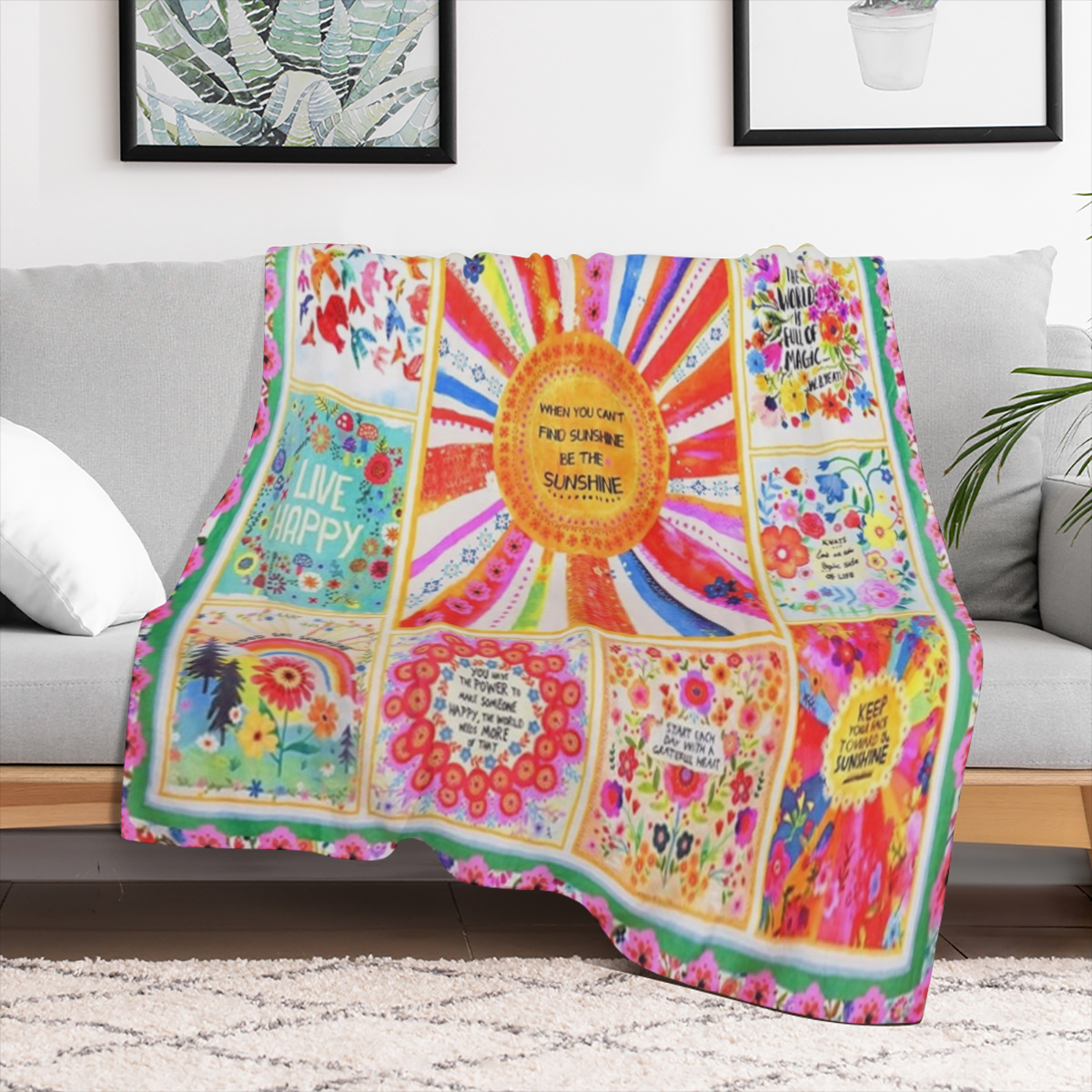 Boho Throw Blanket Colorful Patchwork Floral Blankets, Natural Bohemian Gifts Blanket for Women with Inspirational Thoughts, Soft Warm and Cozy Flannel for Sofa Bed Couch Travel 50x60, 280GSM CozyFlan