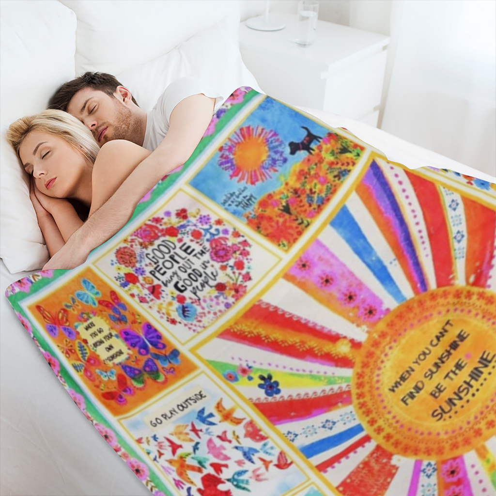 Boho Throw Blanket Colorful Patchwork Floral Blankets, Natural Bohemian Gifts Blanket for Women with Inspirational Thoughts, Soft Warm and Cozy Flannel for Sofa Bed Couch Travel 50x60, 280GSM CozyFlan