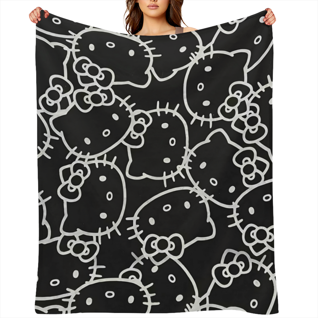 Sanrio Hello Kitty Oversized Flannel Blanket ¨C Black with White Cartoon Faces & Geometric Patterns, Soft &, Machine Washable, All-Season Throw for Bedroom, Sofa, or Travel