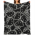 Sanrio Hello Kitty Oversized Flannel Blanket ¨C Black with White Cartoon Faces & Geometric Patterns, Soft &, Machine Washable, All-Season Throw for Bedroom, Sofa, or Travel