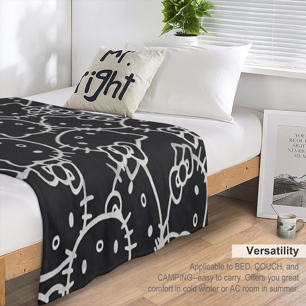 Sanrio Hello Kitty Oversized Flannel Blanket ¨C Black with White Cartoon Faces & Geometric Patterns, Soft &, Machine Washable, All-Season Throw for Bedroom, Sofa, or Travel