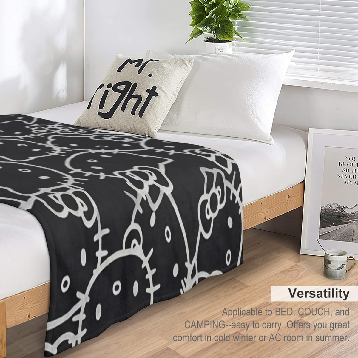 Sanrio Hello Kitty Oversized Flannel Blanket ¨C Black with White Cartoon Faces & Geometric Patterns, Soft &, Machine Washable, All-Season Throw for Bedroom, Sofa, or Travel