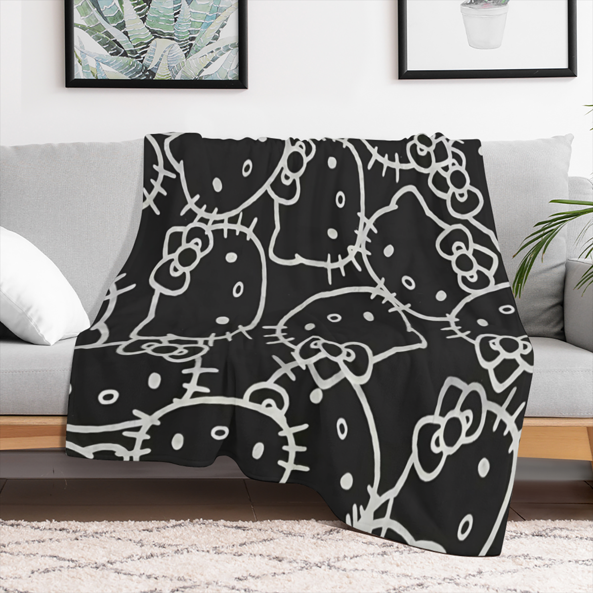 Sanrio Hello Kitty Oversized Flannel Blanket ¨C Black with White Cartoon Faces & Geometric Patterns, Soft &, Machine Washable, All-Season Throw for Bedroom, Sofa, or Travel