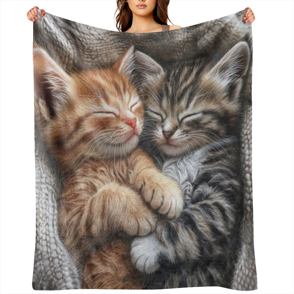 A cozy fleece blanket, cute sleeping cat pattern, soft and comfortable all season knitted polyester blanket for sofa, bed, office, camping, travel - vintage style digital printed velvet blanket