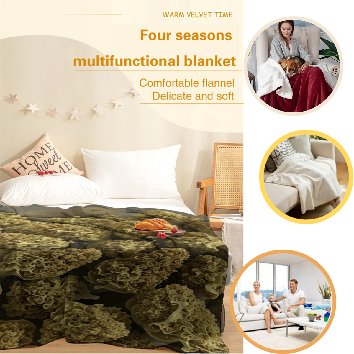 1pc 1pcs Botanical Leaf Print Bedspread - Soft Flannel Bed Cover Suitable for Sofa or Bed, Orange/Blue/ Bedspread with Leaf, All-Season Cozy Bedspread for Modern, Contemporary Bedspread Gift for, 2D F
