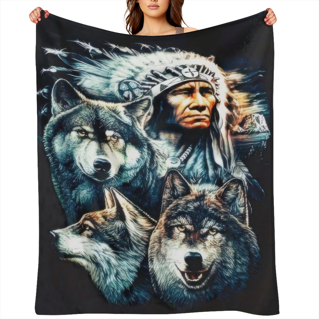 1pc Vintage Indian Wolf Pattern Flannel Blanket Soft Casual Thermal Blanket Multipurpose Office Throwing Outdoor Camping Travel Blanket