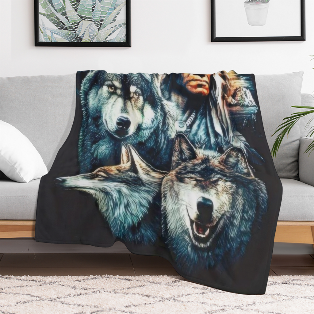 1pc Vintage Indian Wolf Pattern Flannel Blanket Soft Casual Thermal Blanket Multipurpose Office Throwing Outdoor Camping Travel Blanket