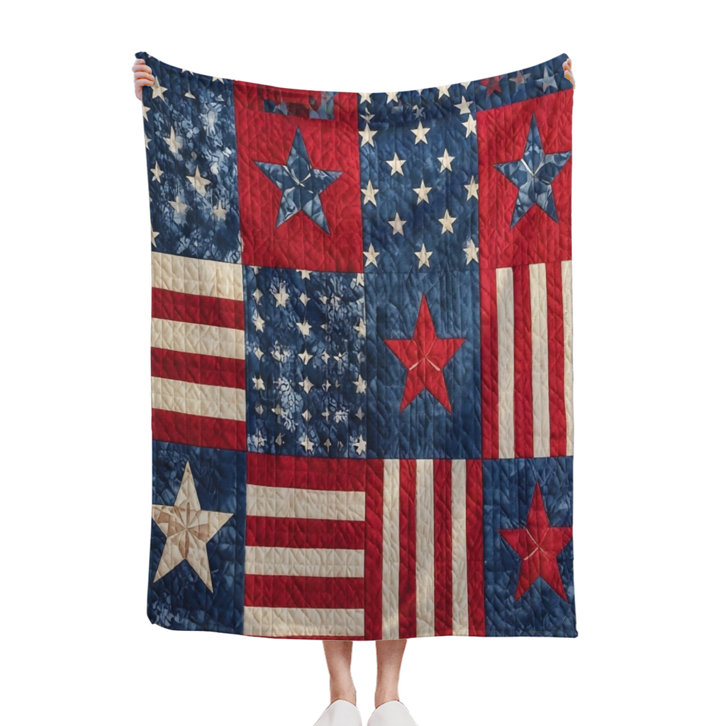2D Flat 1pc Patriotic Patchwork American Flag Stars And Stripes Throw Blanket, 4Th of July Decorations, Red White Blue Quilted Stars, Ideal for Sofa Nook, Bedroom Accent, Patriotic Picnic, for Familie
