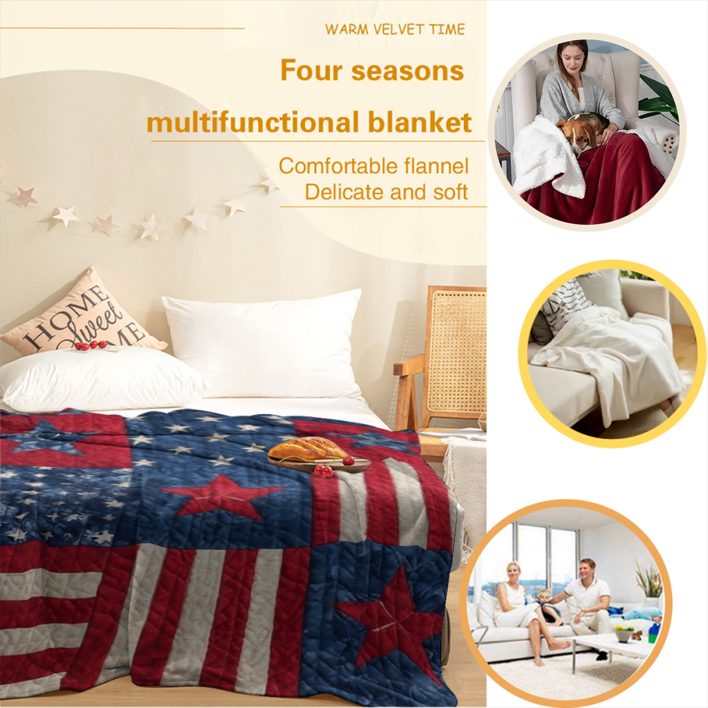 2D Flat 1pc Patriotic Patchwork American Flag Stars And Stripes Throw Blanket, 4Th of July Decorations, Red White Blue Quilted Stars, Ideal for Sofa Nook, Bedroom Accent, Patriotic Picnic, for Familie
