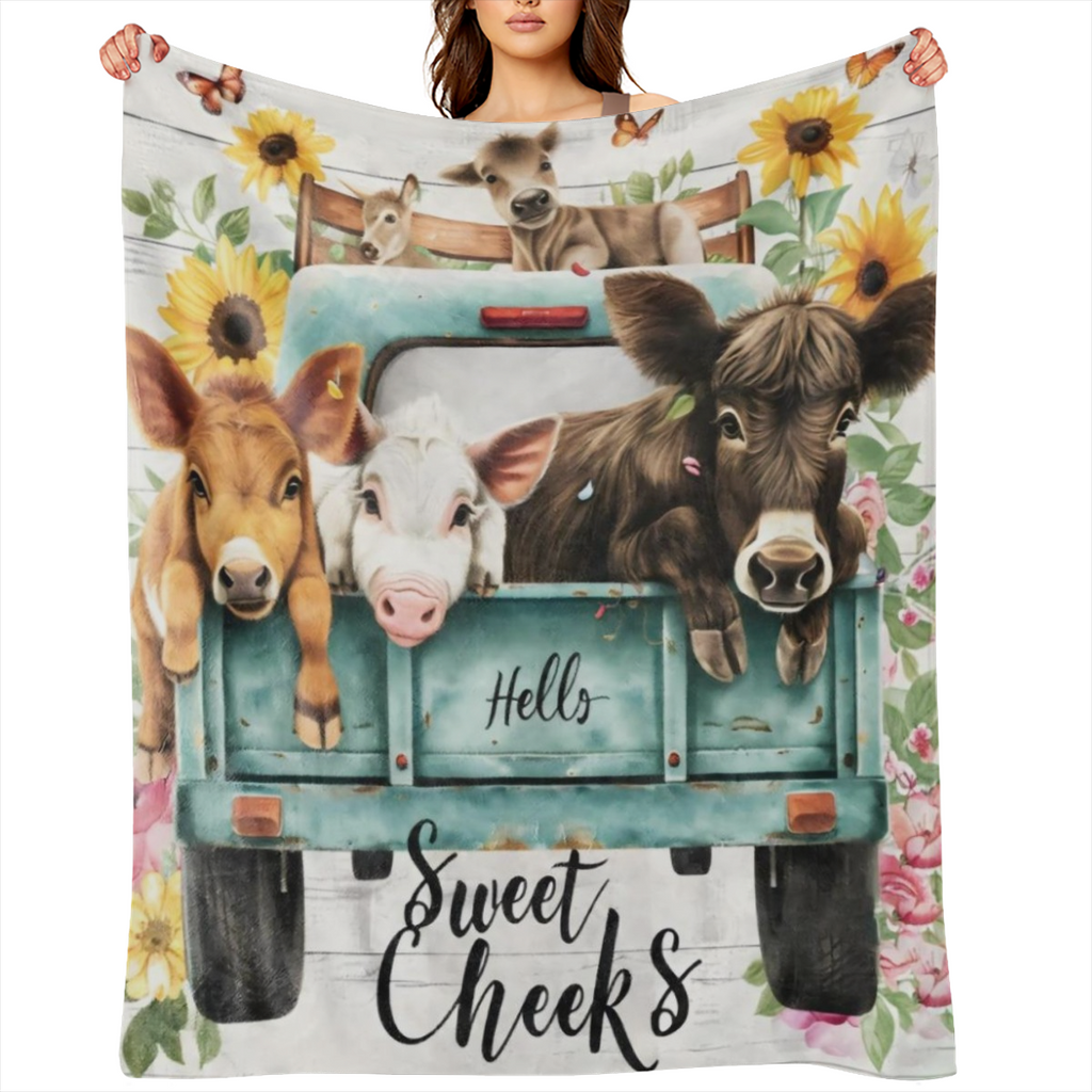 Cozy Vintage Sunflower and cow print flannel blanket - soft, warm and versatile for sofas, beds, cars, offices, camping - the perfect gift for all seasons