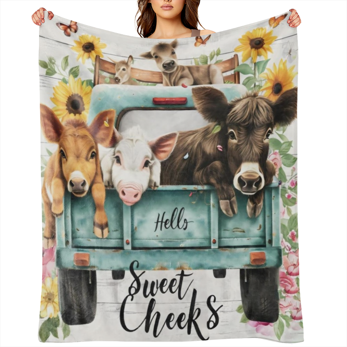 Cozy Vintage Sunflower and cow print flannel blanket - soft, warm and versatile for sofas, beds, cars, offices, camping - the perfect gift for all seasons
