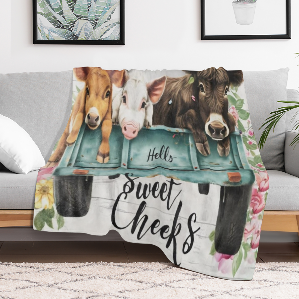 Cozy Vintage Sunflower and cow print flannel blanket - soft, warm and versatile for sofas, beds, cars, offices, camping - the perfect gift for all seasons