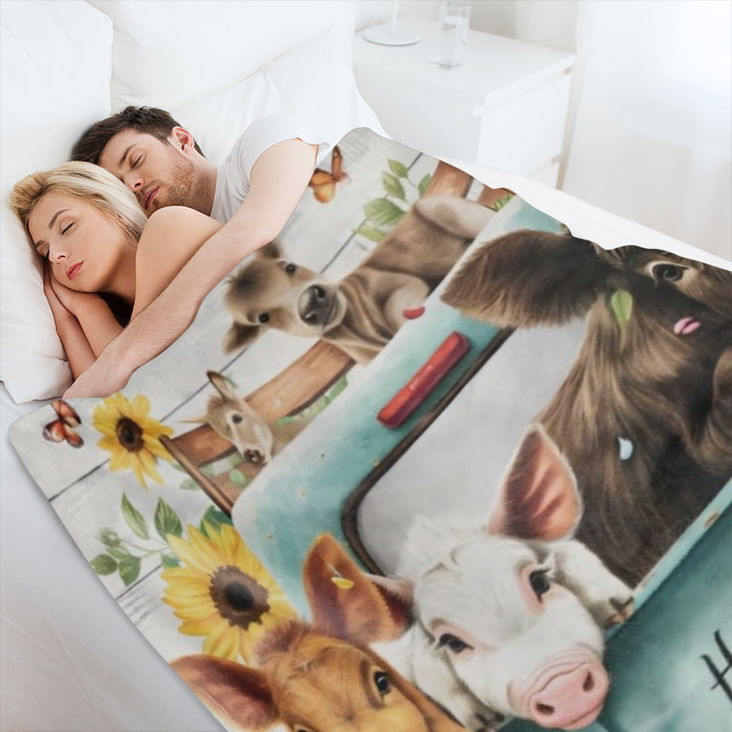 Cozy Vintage Sunflower and cow print flannel blanket - soft, warm and versatile for sofas, beds, cars, offices, camping - the perfect gift for all seasons