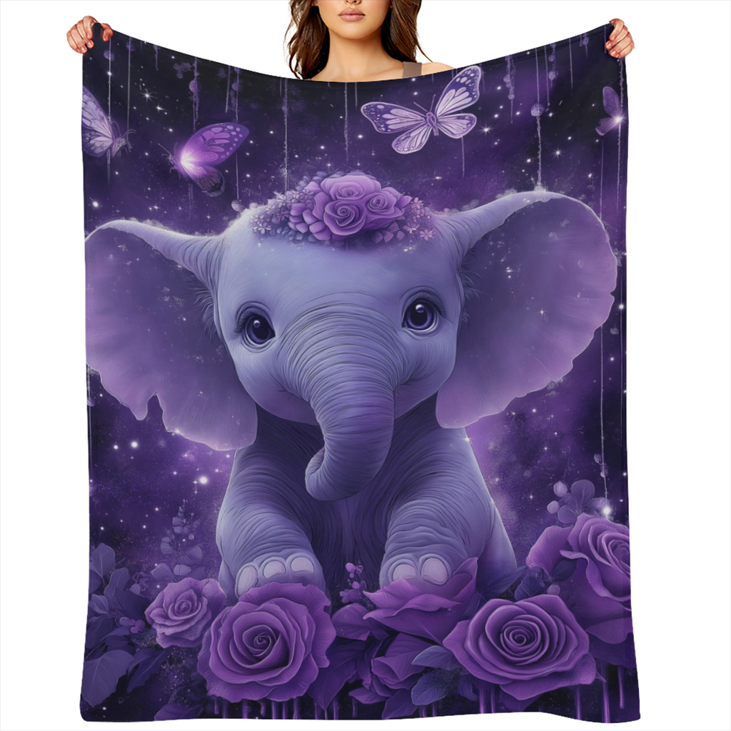 1pc Cozy Cute Purple Elephant Rose Butterfly Printed Throw Blanket - Ultra- Soft, Warm, and Lightweight Throw Blanket for Girls, Ladies, and Home Decor - Perfect for Sofa, Bed, Picnics, Travel, and Mu