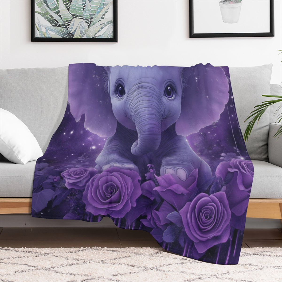 1pc Cozy Cute Purple Elephant Rose Butterfly Printed Throw Blanket - Ultra- Soft, Warm, and Lightweight Throw Blanket for Girls, Ladies, and Home Decor - Perfect for Sofa, Bed, Picnics, Travel, and Mu