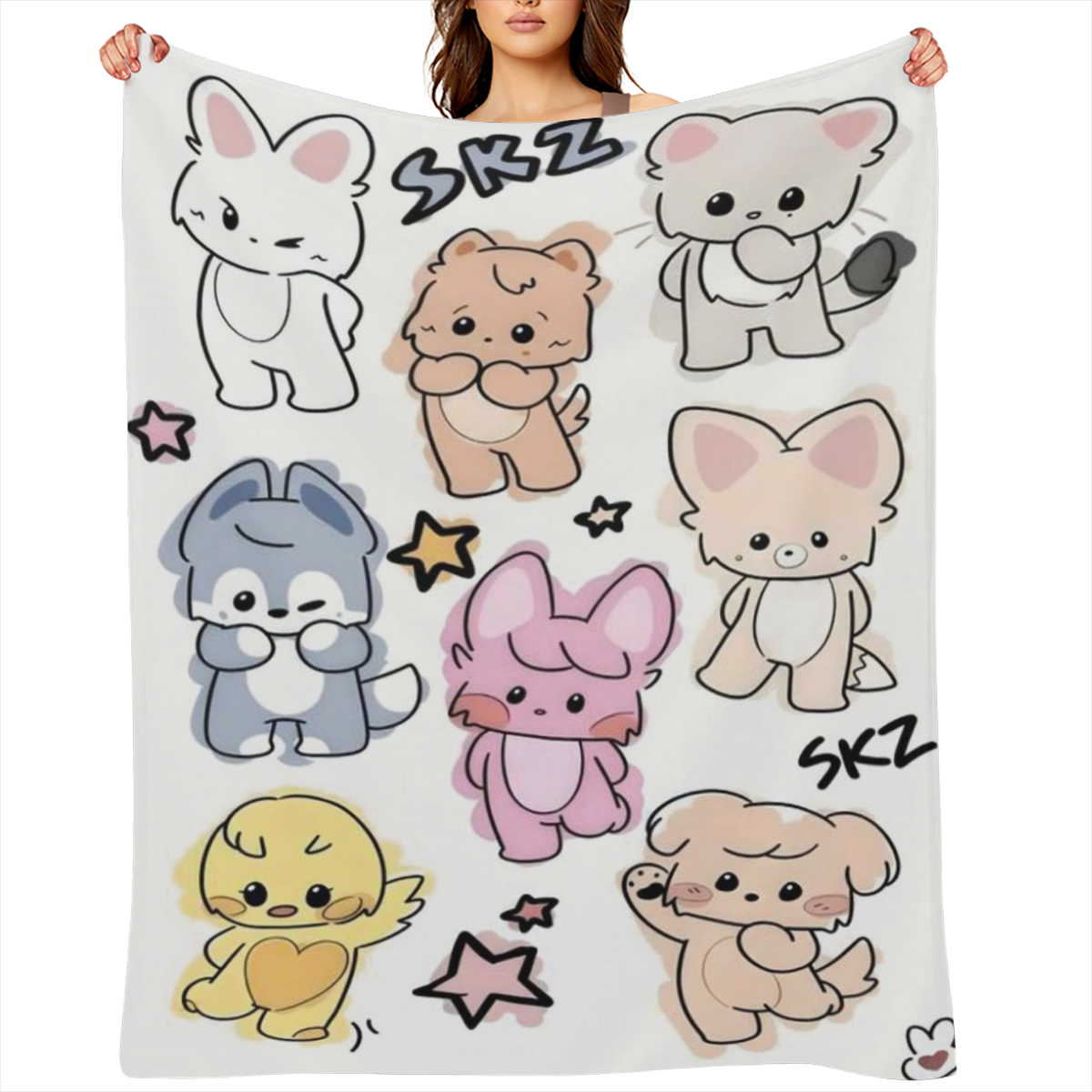 Cartoon Animal Flannel Throw Blanket Multi-Color Polyester Knit All-Season Comfort Machine Washable Ideal for Youngsters Anime Fans Playful Design with Expressive Characters Perfect for Bedroom Decor