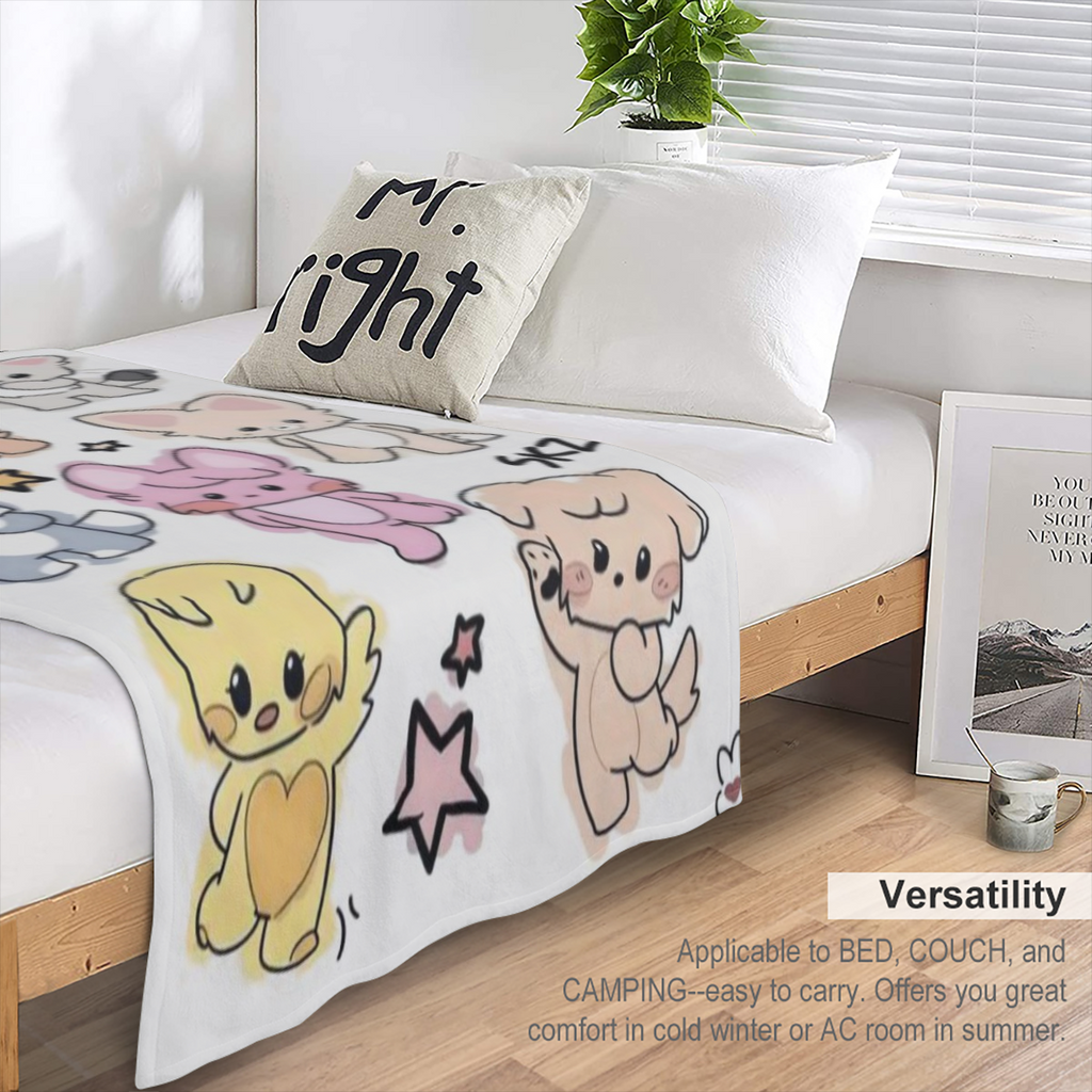 Cartoon Animal Flannel Throw Blanket Multi-Color Polyester Knit All-Season Comfort Machine Washable Ideal for Youngsters Anime Fans Playful Design with Expressive Characters Perfect for Bedroom Decor