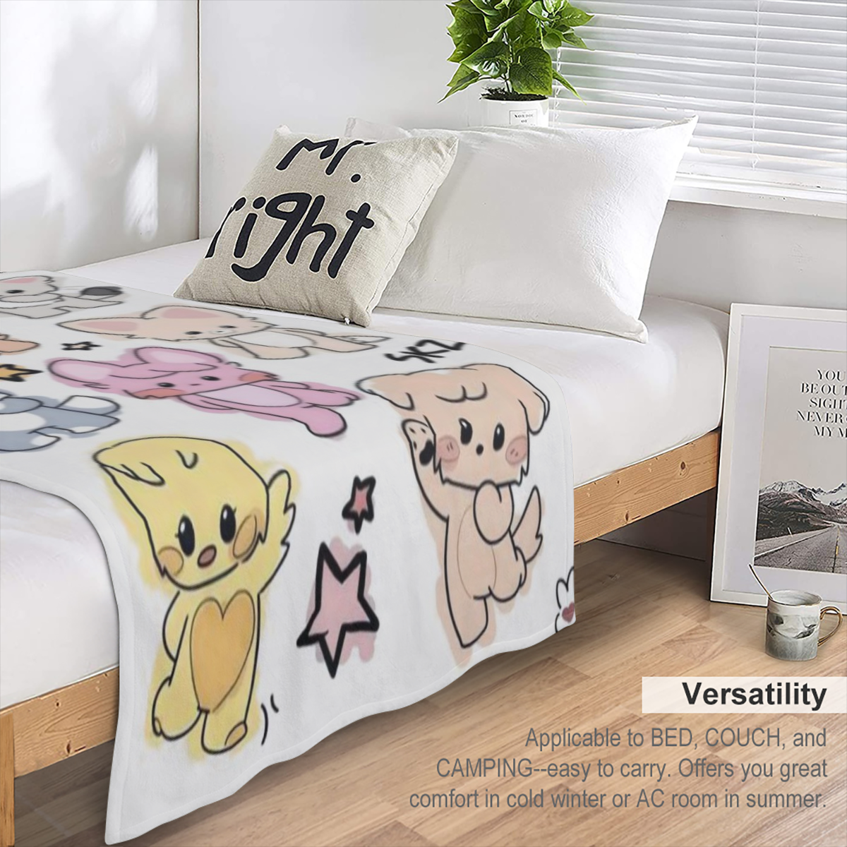 Cartoon Animal Flannel Throw Blanket Multi-Color Polyester Knit All-Season Comfort Machine Washable Ideal for Youngsters Anime Fans Playful Design with Expressive Characters Perfect for Bedroom Decor