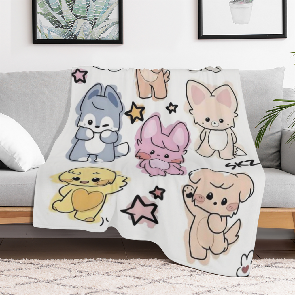 Cartoon Animal Flannel Throw Blanket Multi-Color Polyester Knit All-Season Comfort Machine Washable Ideal for Youngsters Anime Fans Playful Design with Expressive Characters Perfect for Bedroom Decor