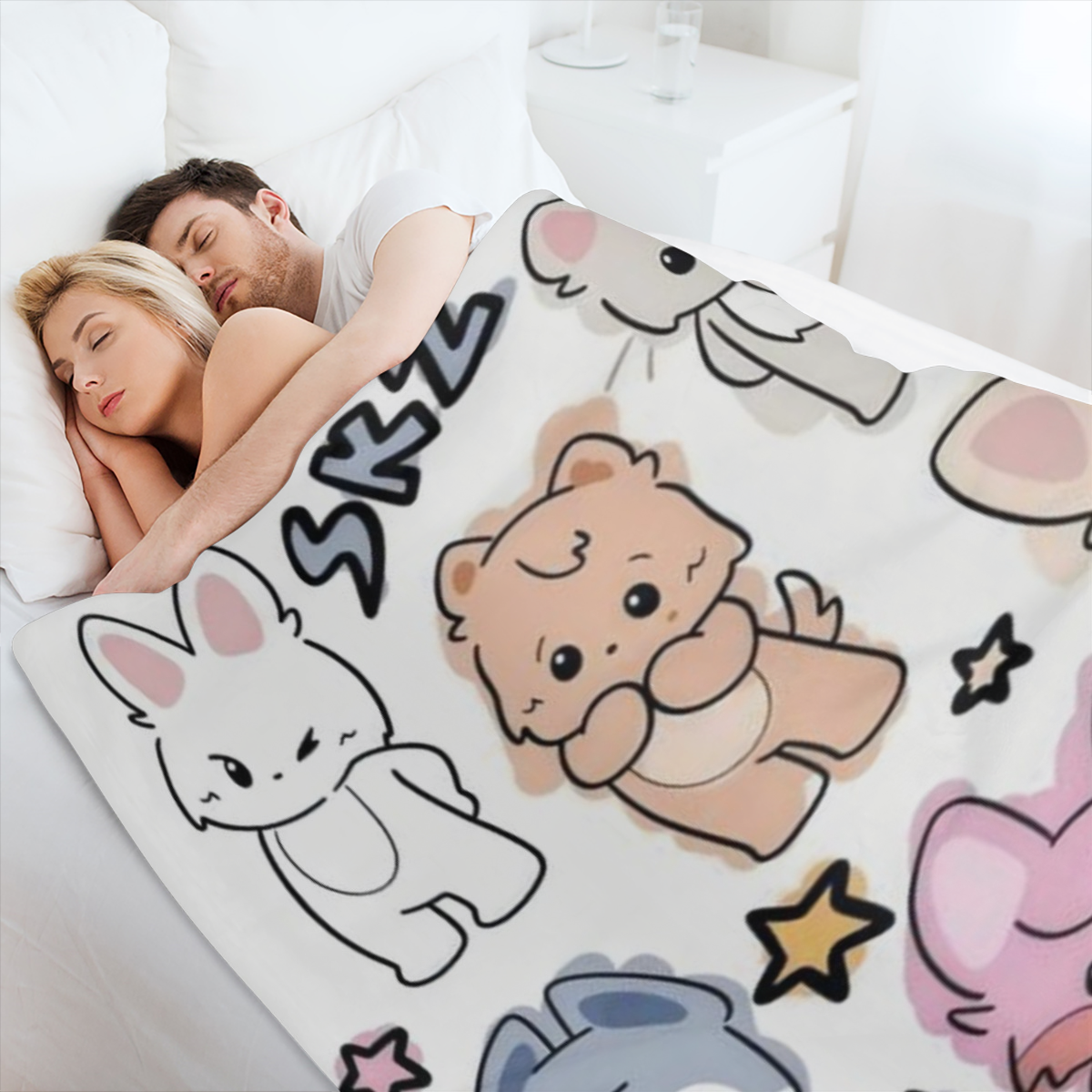 Cartoon Animal Flannel Throw Blanket Multi-Color Polyester Knit All-Season Comfort Machine Washable Ideal for Youngsters Anime Fans Playful Design with Expressive Characters Perfect for Bedroom Decor