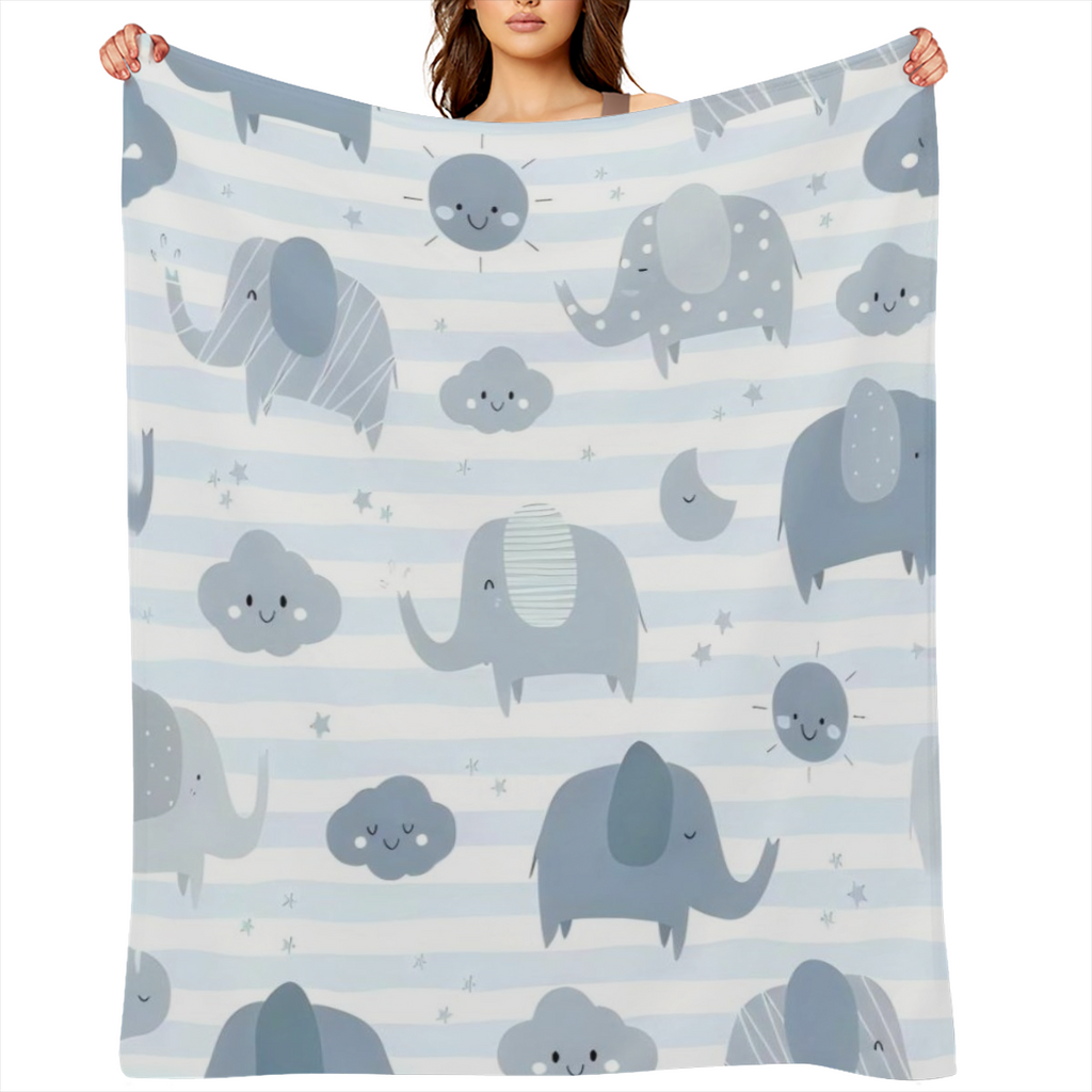 Soft and Cozy Blue-Grey Flannel Blanket with Cute Cartoon Elephants and Smiling Clouds Perfect for Youngsters Rooms and Home Use Machine Washable All-Season Comfort