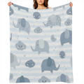 Soft and Cozy Blue-Grey Flannel Blanket with Cute Cartoon Elephants and Smiling Clouds Perfect for Youngsters Rooms and Home Use Machine Washable All-Season Comfort
