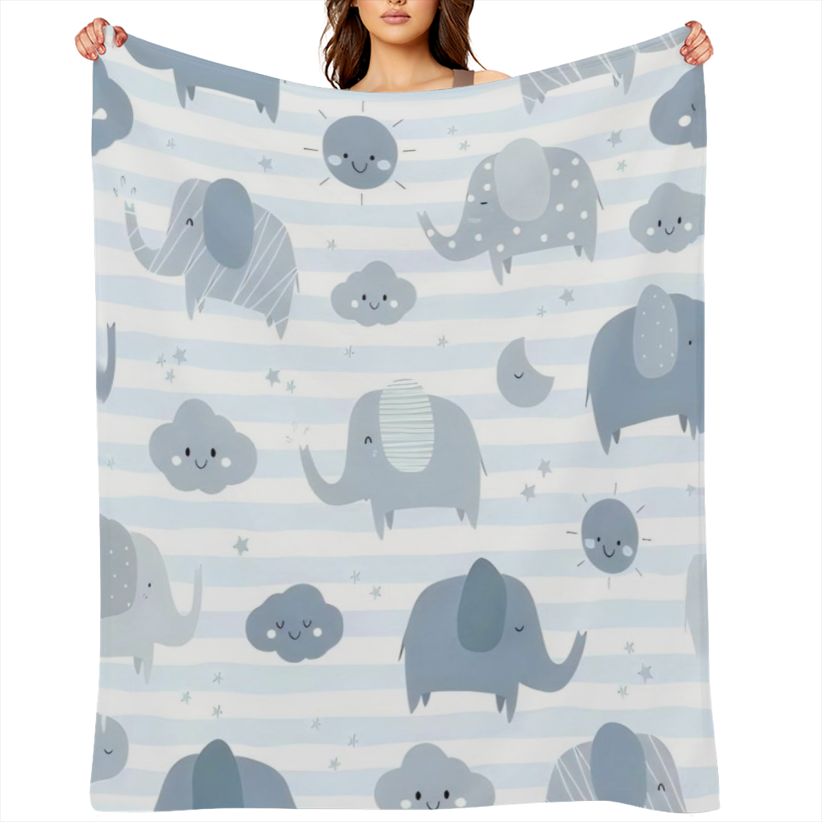 Soft and Cozy Blue-Grey Flannel Blanket with Cute Cartoon Elephants and Smiling Clouds Perfect for Youngsters Rooms and Home Use Machine Washable All-Season Comfort