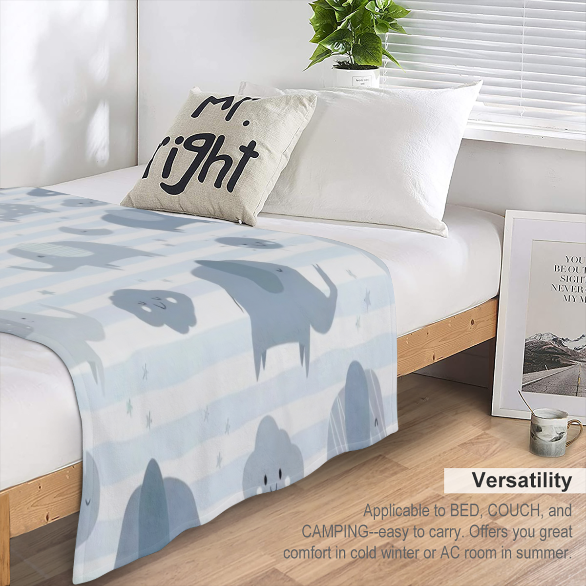 Soft and Cozy Blue-Grey Flannel Blanket with Cute Cartoon Elephants and Smiling Clouds Perfect for Youngsters Rooms and Home Use Machine Washable All-Season Comfort