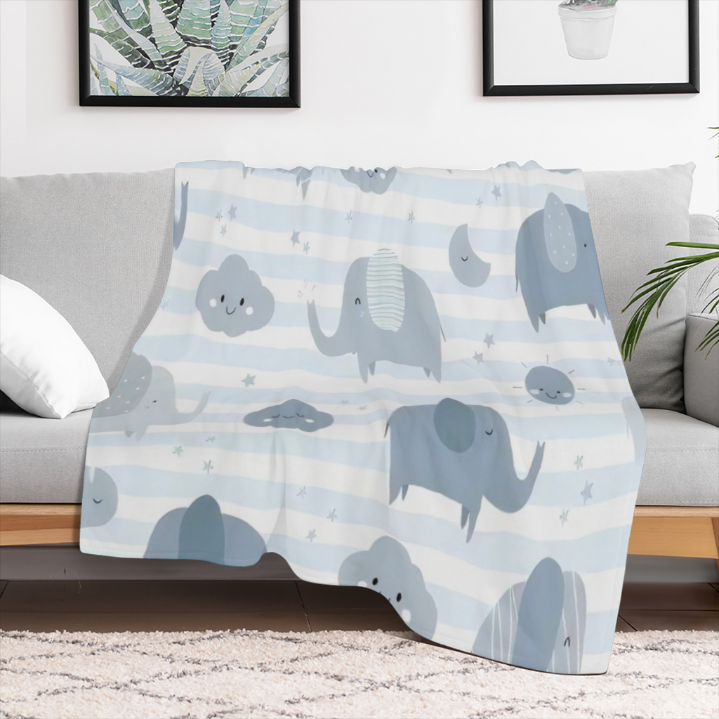 Soft and Cozy Blue-Grey Flannel Blanket with Cute Cartoon Elephants and Smiling Clouds Perfect for Youngsters Rooms and Home Use Machine Washable All-Season Comfort
