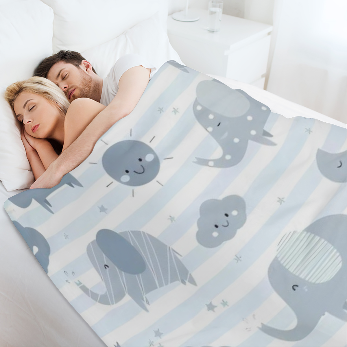 Soft and Cozy Blue-Grey Flannel Blanket with Cute Cartoon Elephants and Smiling Clouds Perfect for Youngsters Rooms and Home Use Machine Washable All-Season Comfort