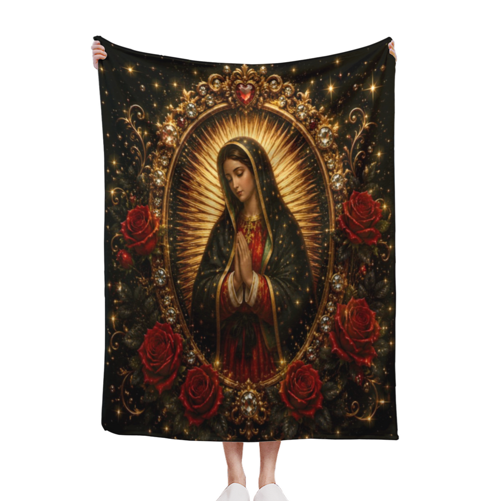 Virgin Mary Praying Roses Throw Blanket Baroque Gothic Religious Aesthetic