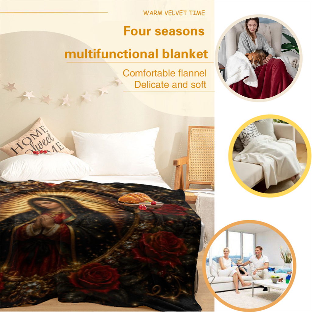 Virgin Mary Praying Roses Throw Blanket Baroque Gothic Religious Aesthetic