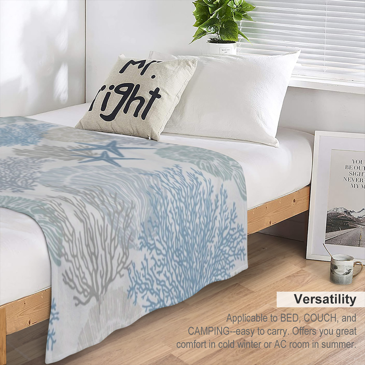 1 Coastal coral and shell flannel blanket - soft polyester twill, digitally printed, machine washed, suitable for all seasons, tear and stain resistant, versatile home decor for sofas, beds, travel -