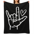ASL I Love You Sign Language Black Super Soft Flannel Blanket, 280GSM Cozy Polyester, Contemporary Heart Gesture Print, All- Season Use, Machine Washable, Multi- Size Options ( 30x40in40x50in50x60in60